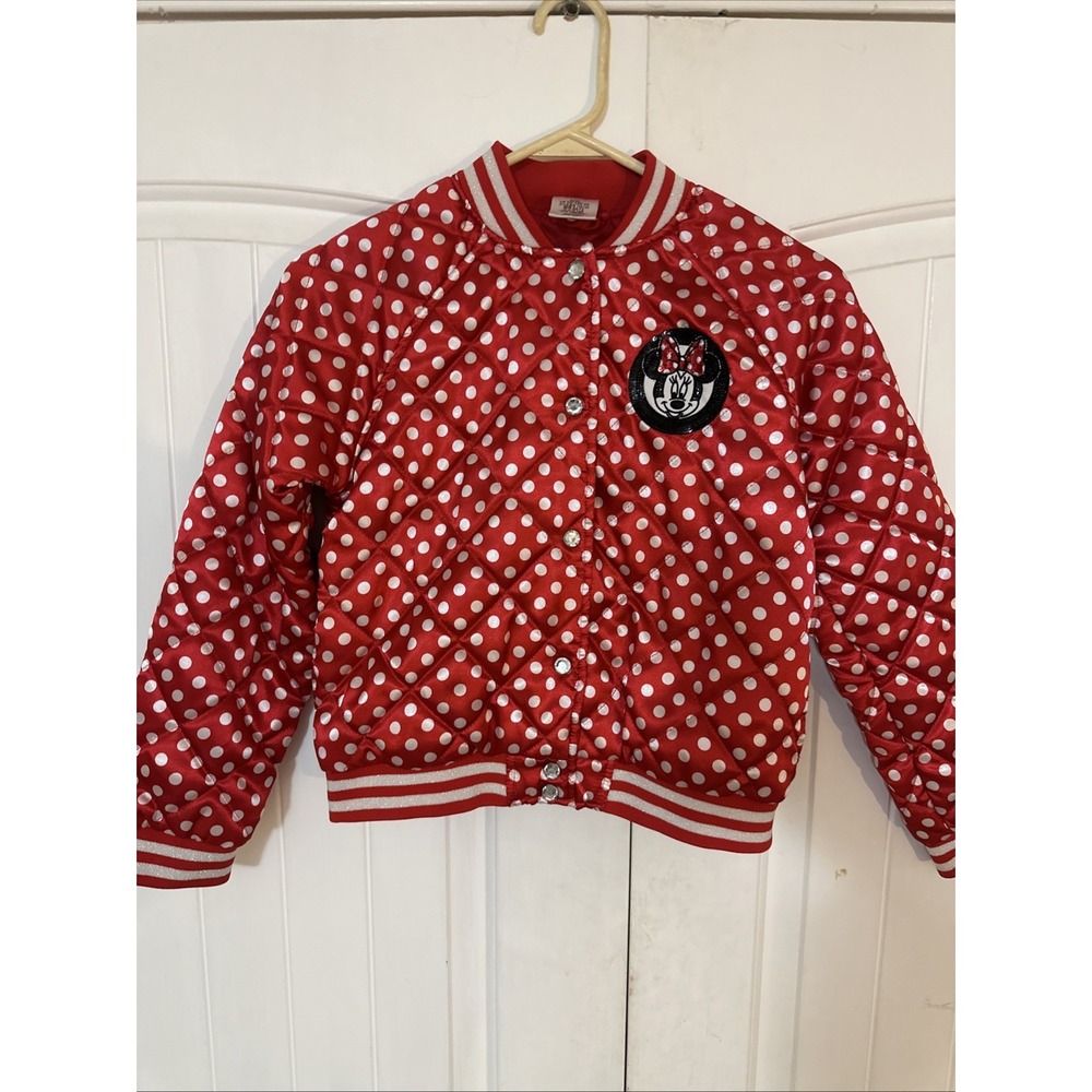 Disney Kids Minnie Mouse Varsity Jacket Satin Polka‎ Dot Size 9/10 Red